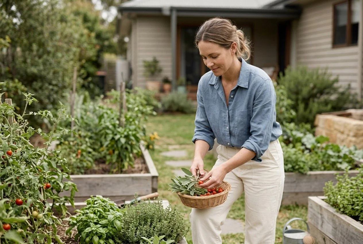 Woman picking tomatoes and herbs in her home garden, representing the idea that meaningful life goals do not need to look impressive to anyone else.
