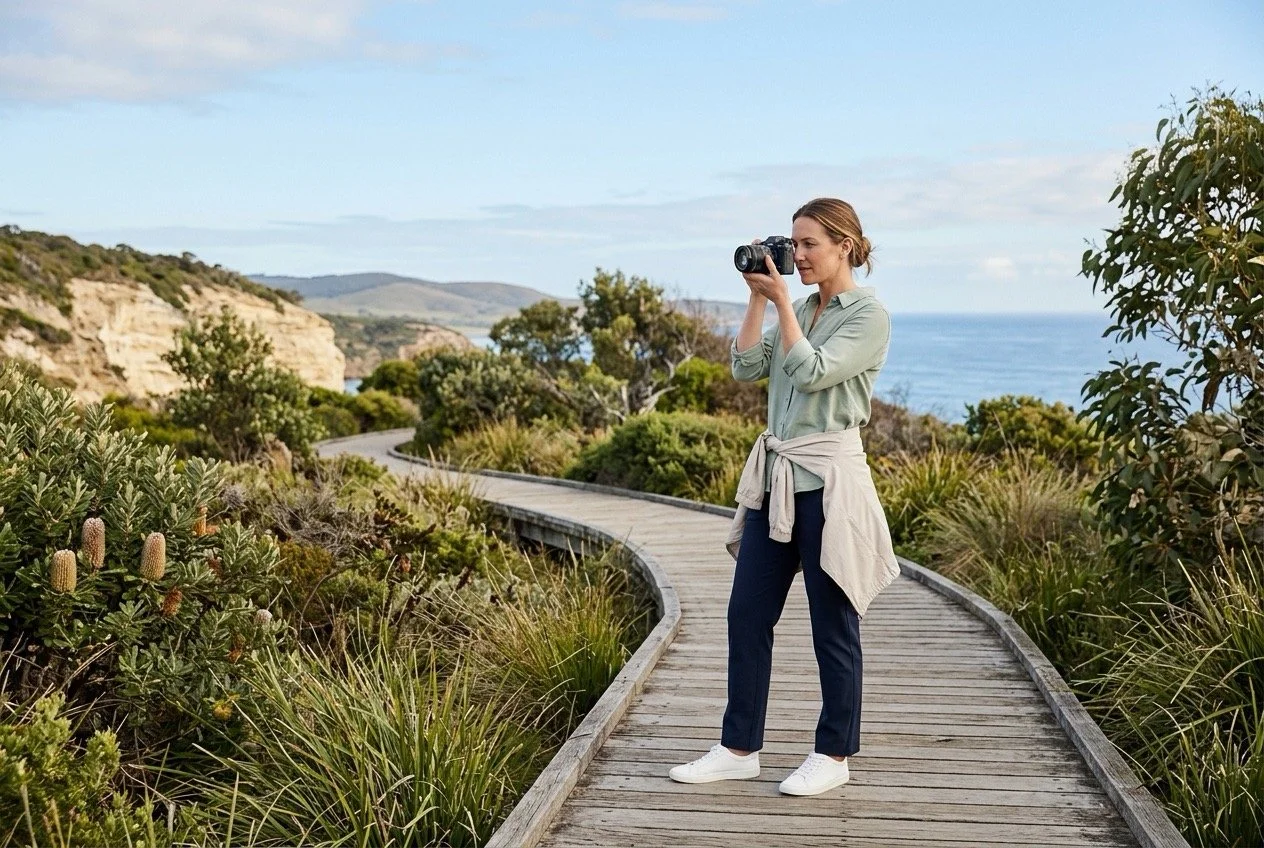 Woman enjoying a photography walk on the coast, an experience gift for someone who does not need more stuff.