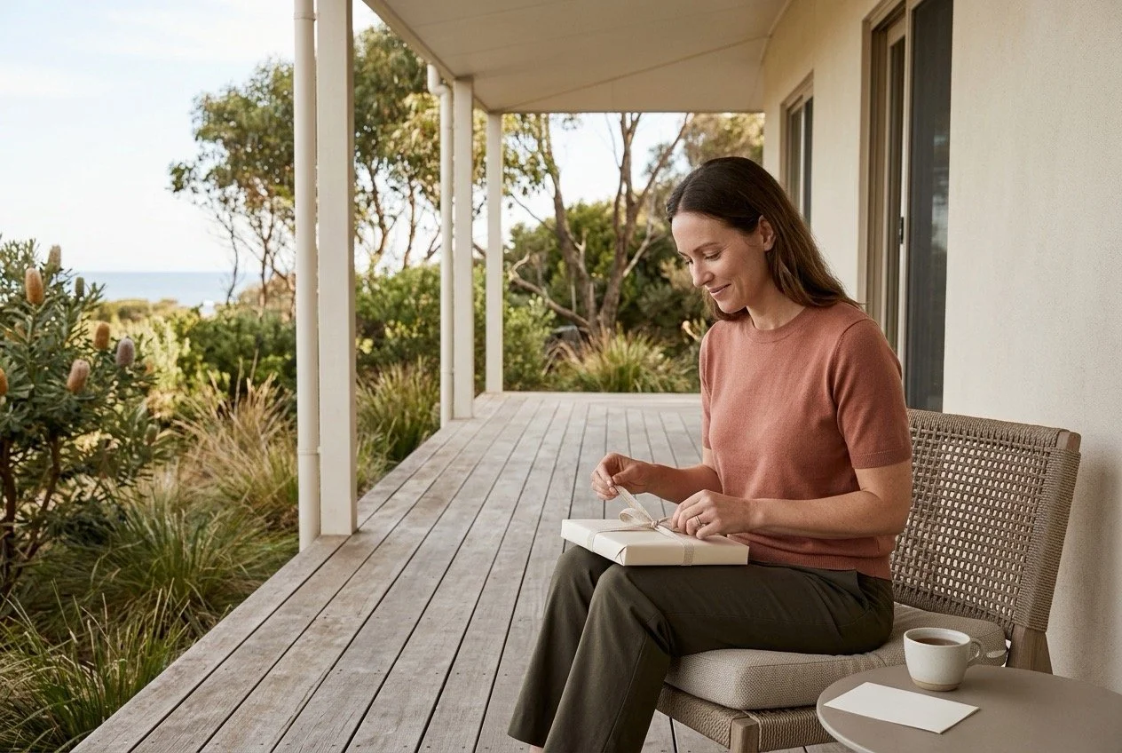 Woman opening a small thoughtful gift on a coastal verandah, representing a meaningful gift for someone who wants nothing.