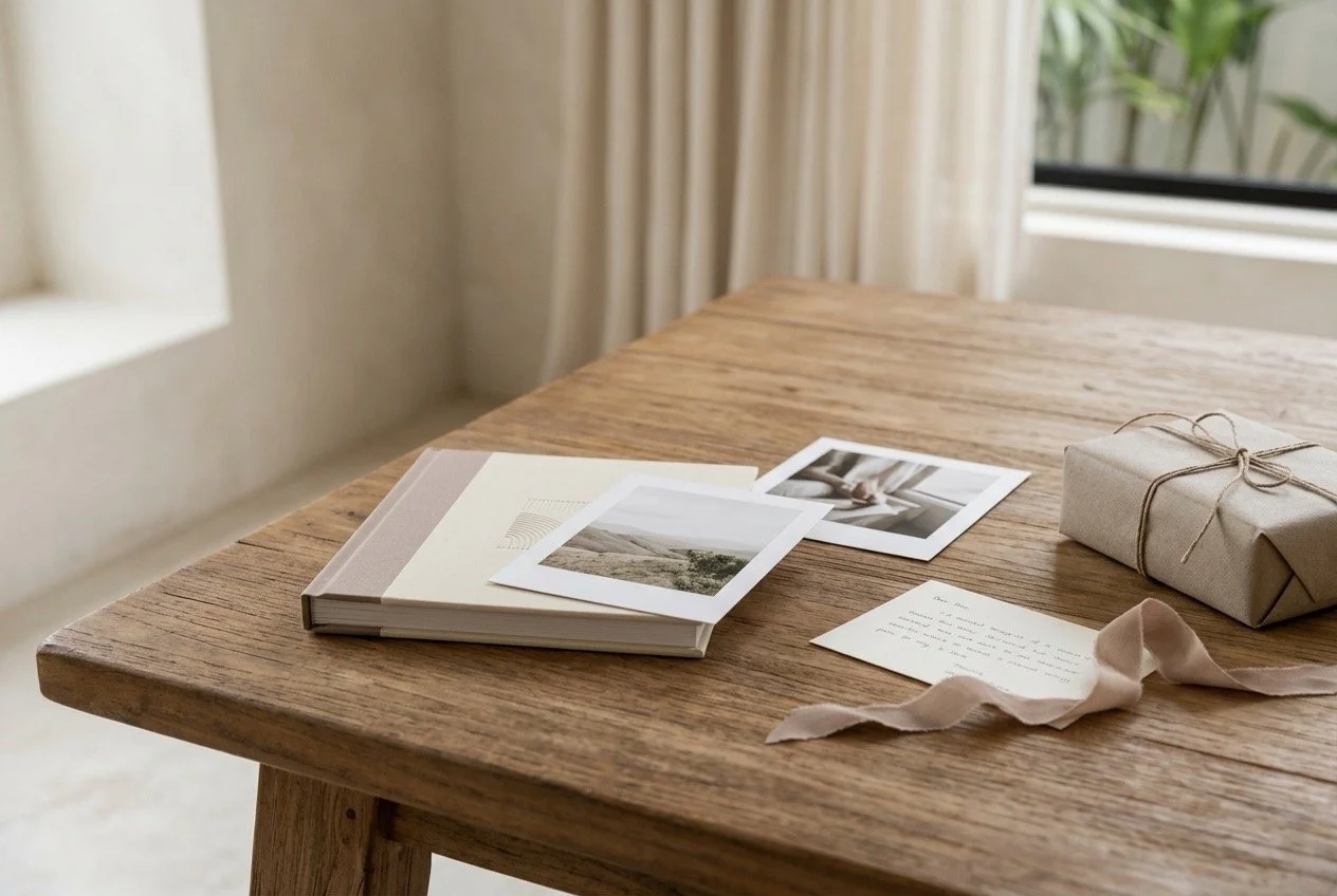 Photo prints, a keepsake album, handwritten note and wrapped gift on a timber table, representing a thoughtful gift built around memories rather than more clutter.