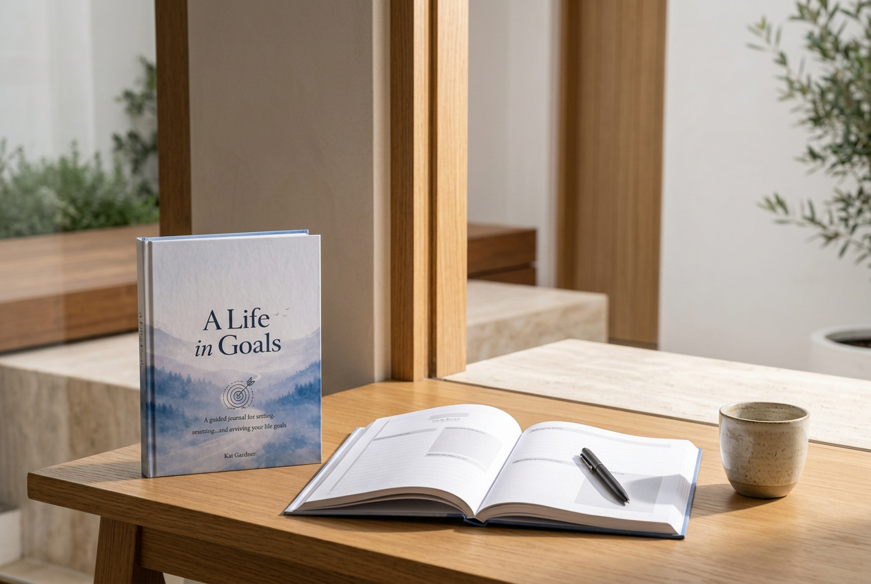 A Life in Goals hardcover and open guided goal journal on a sunlit timber table, designed to be kept, revisited and used as life changes.