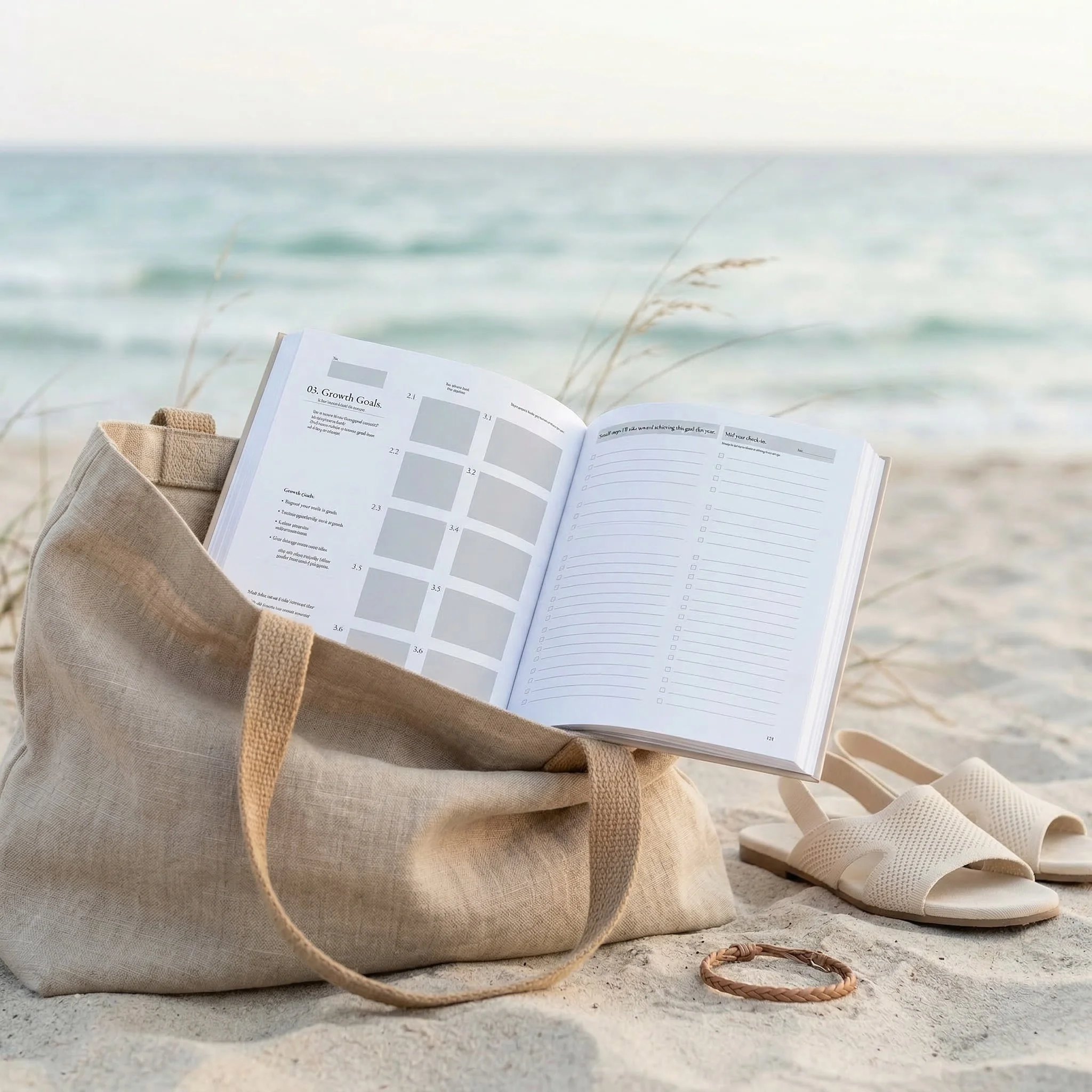  Life in Goals journal open beside a beach tote on the sand