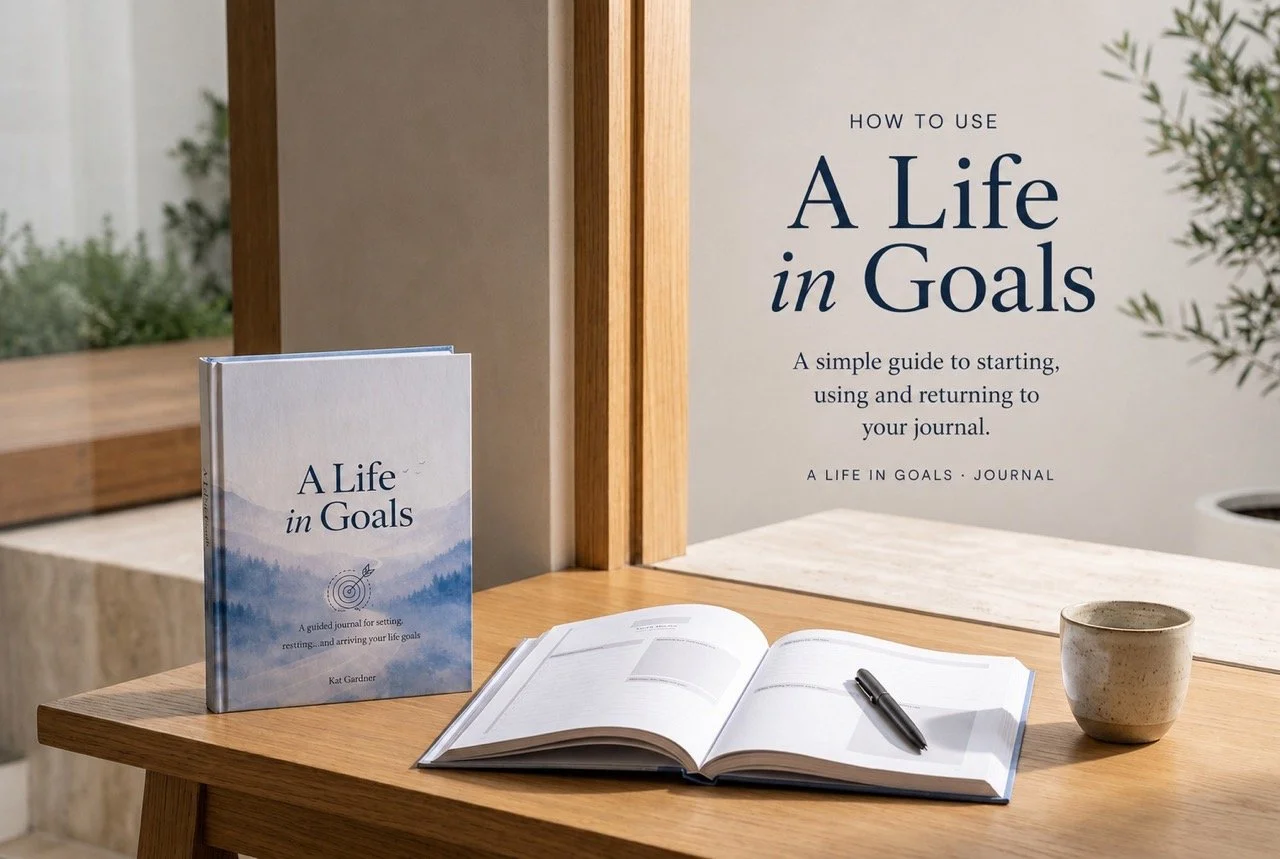 A Life in Goals hardcover and open guided goal journal on a timber table, showing how to use A Life in Goals.