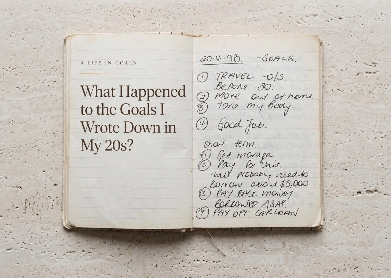 Original handwritten goals from 1998 in a notebook, including travel, moving out of home, getting a good job and paying back money, used to reflect on what happened to the goals written in my twenties.