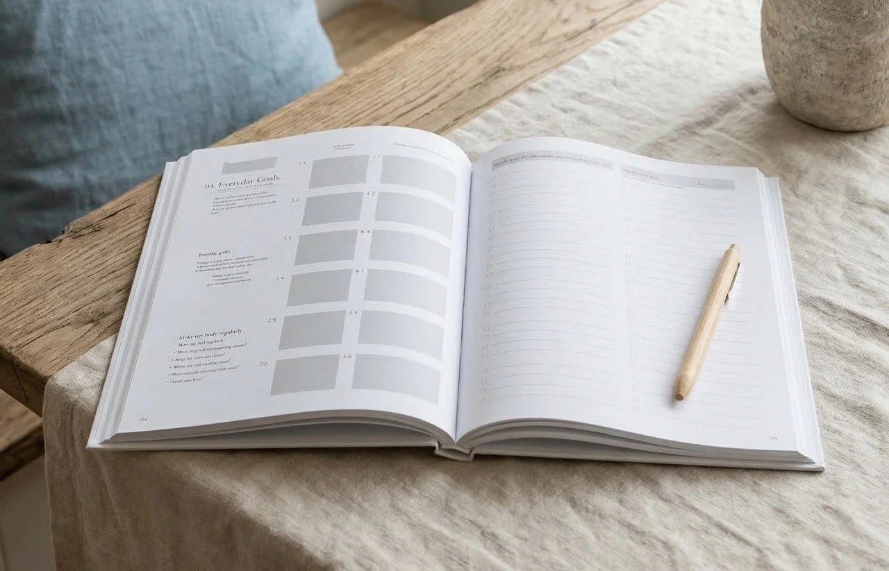 A Life in Goals journal open on a table with a pen, representing space to think about long-term goals beyond the next 12 months