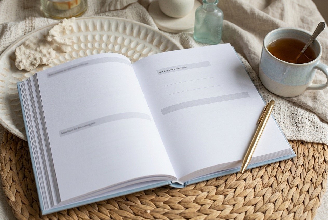 Open A Life in Goals hardcover guided journal beside a cup of tea and gold pen, with pages for reflecting on and revisiting life goals.