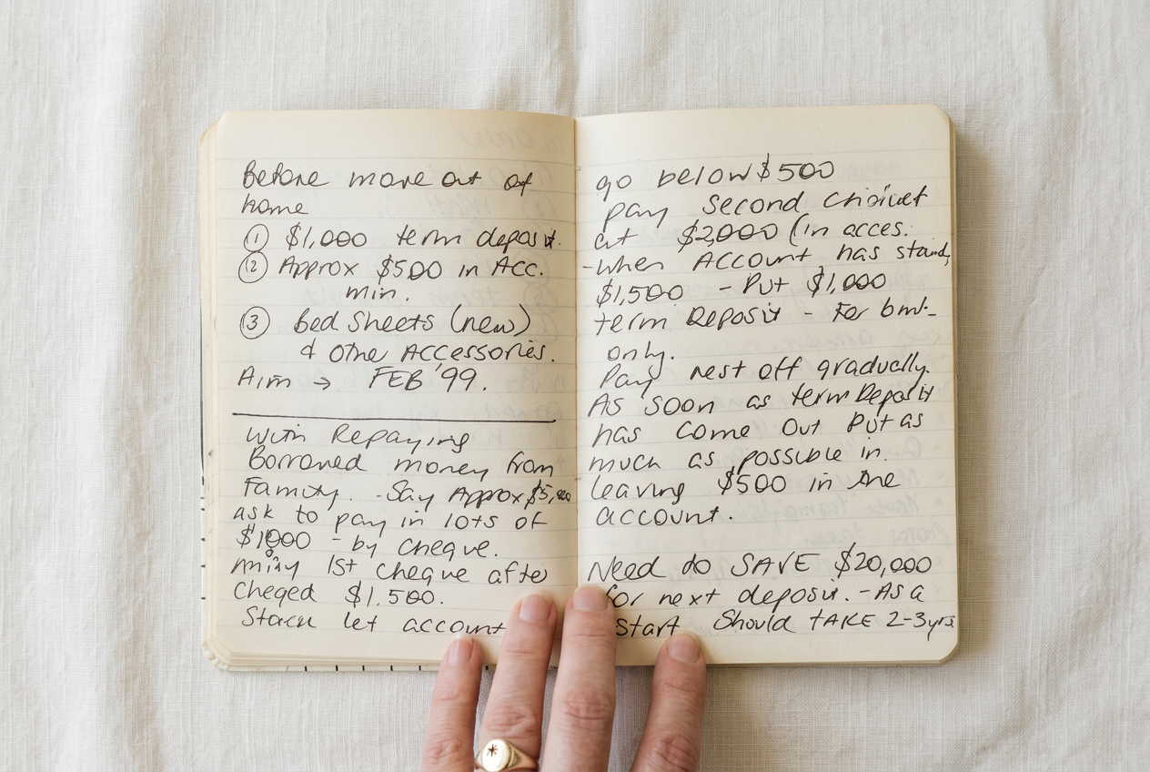 Handwritten savings and financial goals from my original notebook, planning to move out of home and save for a property deposit.
