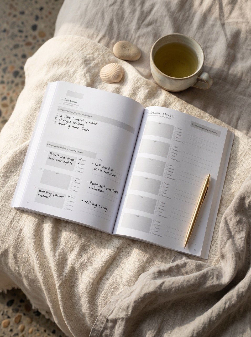 Open A Life in Goals guided journal showing a life goals check-in, with space to review progress, revisit goals and record how priorities have changed.