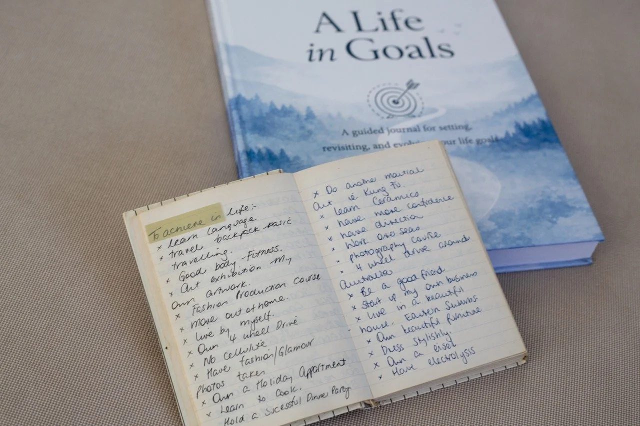 Original handwritten goals from my twenties beside A Life in Goals, showing the connection between the goals I once wrote down and the life I am reflecting on now.