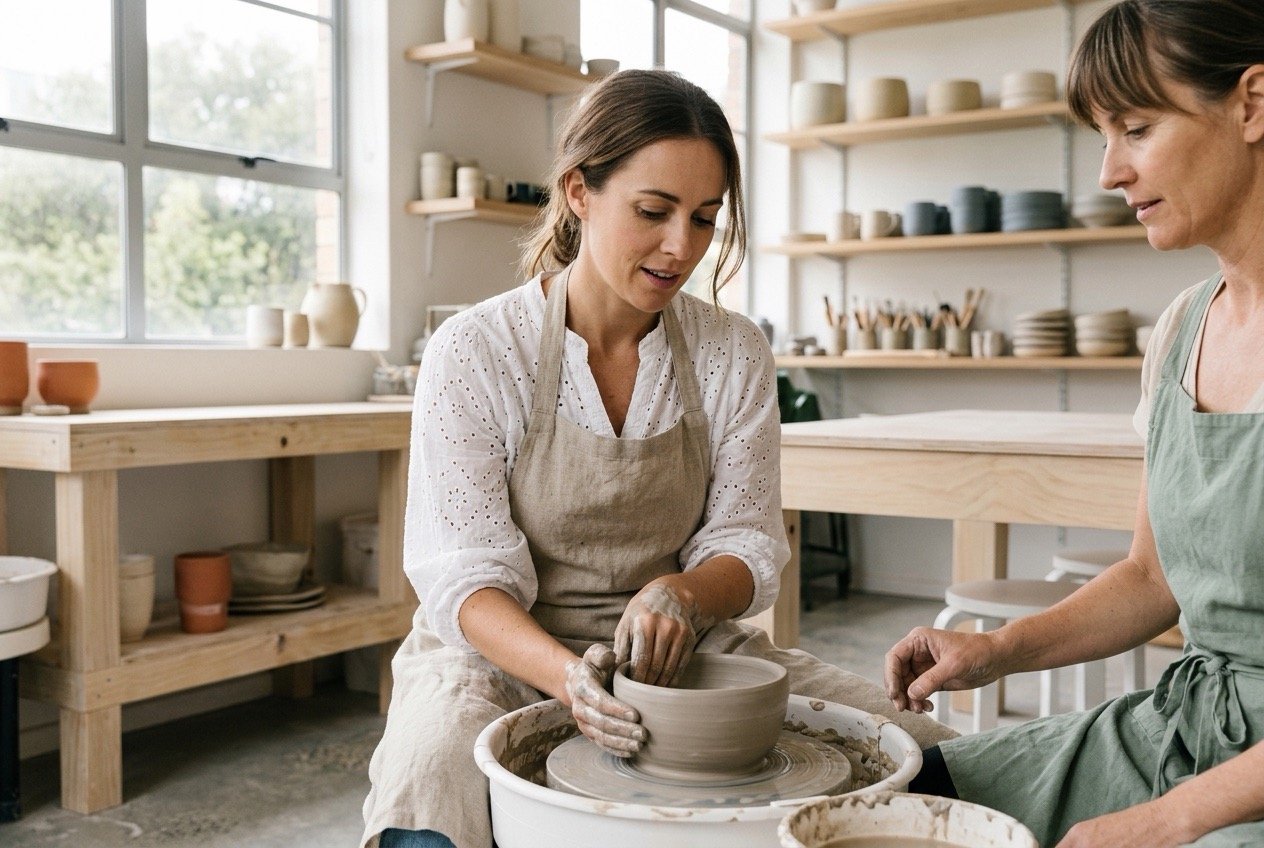 Woman learning pottery in a ceramics studio, representing life goals around curiosity, learning new skills and enjoying being a beginner