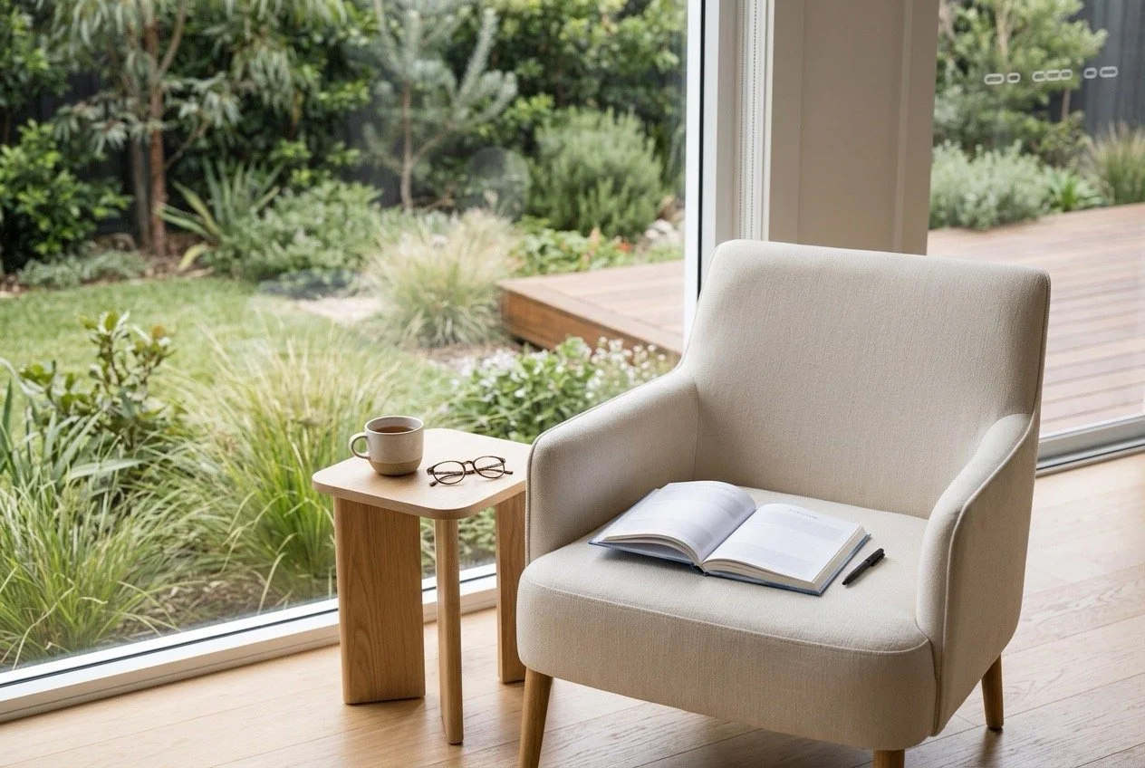 Open A Life in Goals journal on a chair beside a cup of tea, representing quiet reflection and everyday life goals in your 50s.