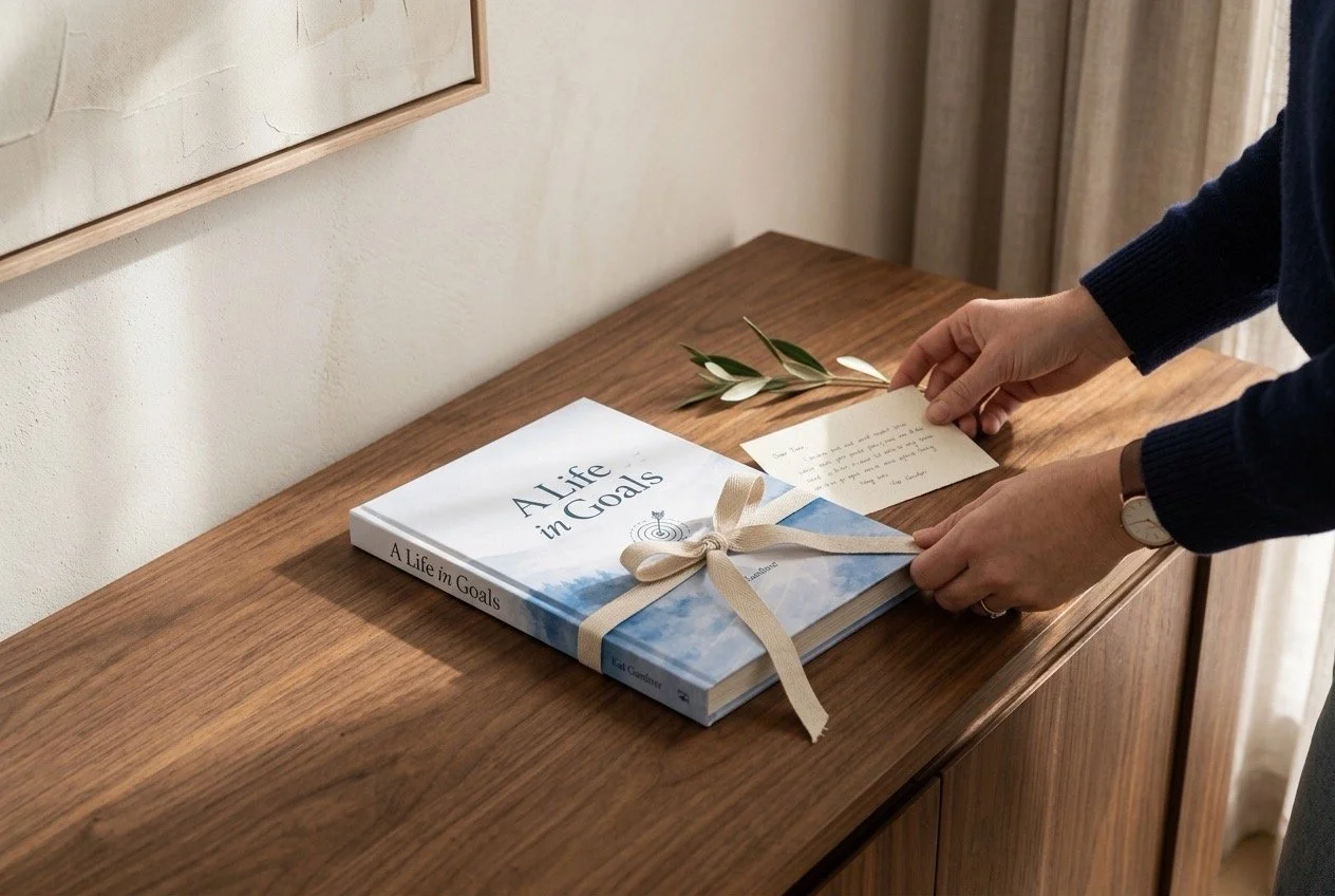 A Life in Goals hardcover tied with natural ribbon and a handwritten card as a thoughtful keepsake gift.