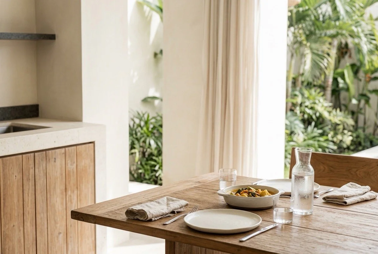 A simple meal already prepared on a timber table in a calm home, representing a thoughtful gift that gives her time back instead of more stuff.