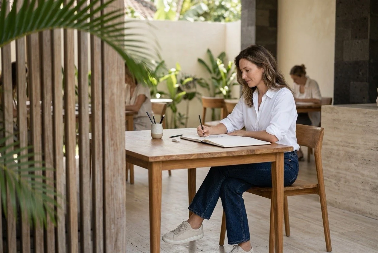 Woman writing and sketching at a table in a Modern Bali-style setting, representing creativity and personal goals for the next chapter of life.