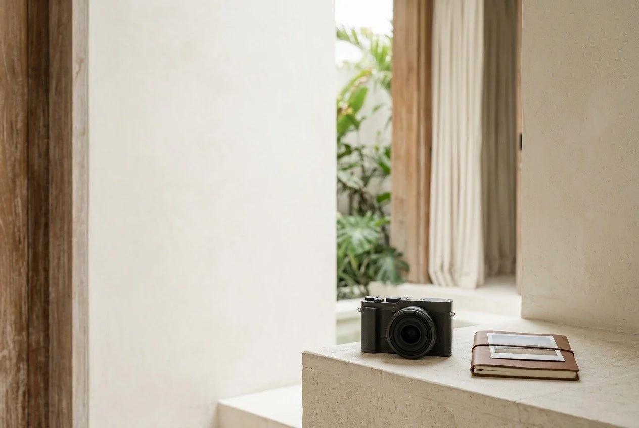 Camera, photograph and leather notebook in a calm setting, representing a thoughtful gift connected to her interest in photography.