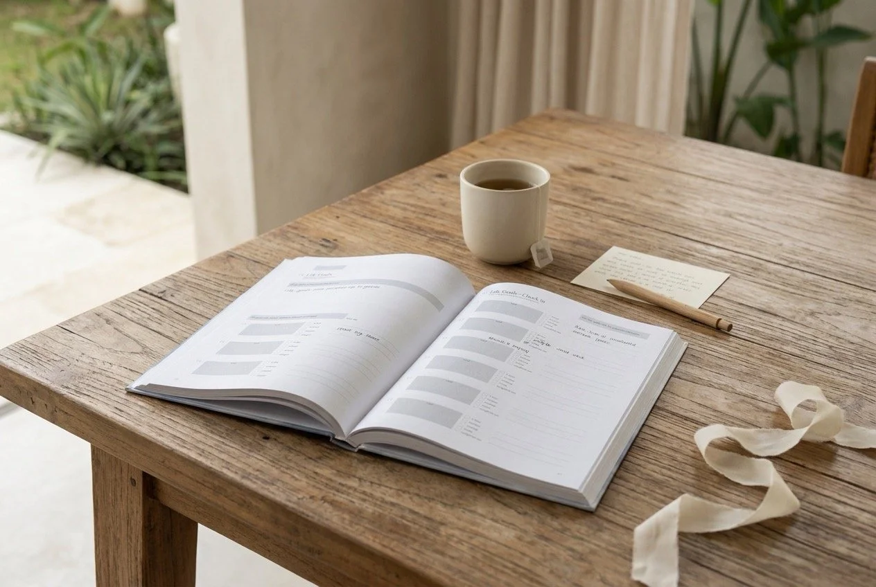 Open A Life in Goals journal with tea, a handwritten note and ribbon on a timber table, showing a thoughtful gift becoming part of her everyday life.