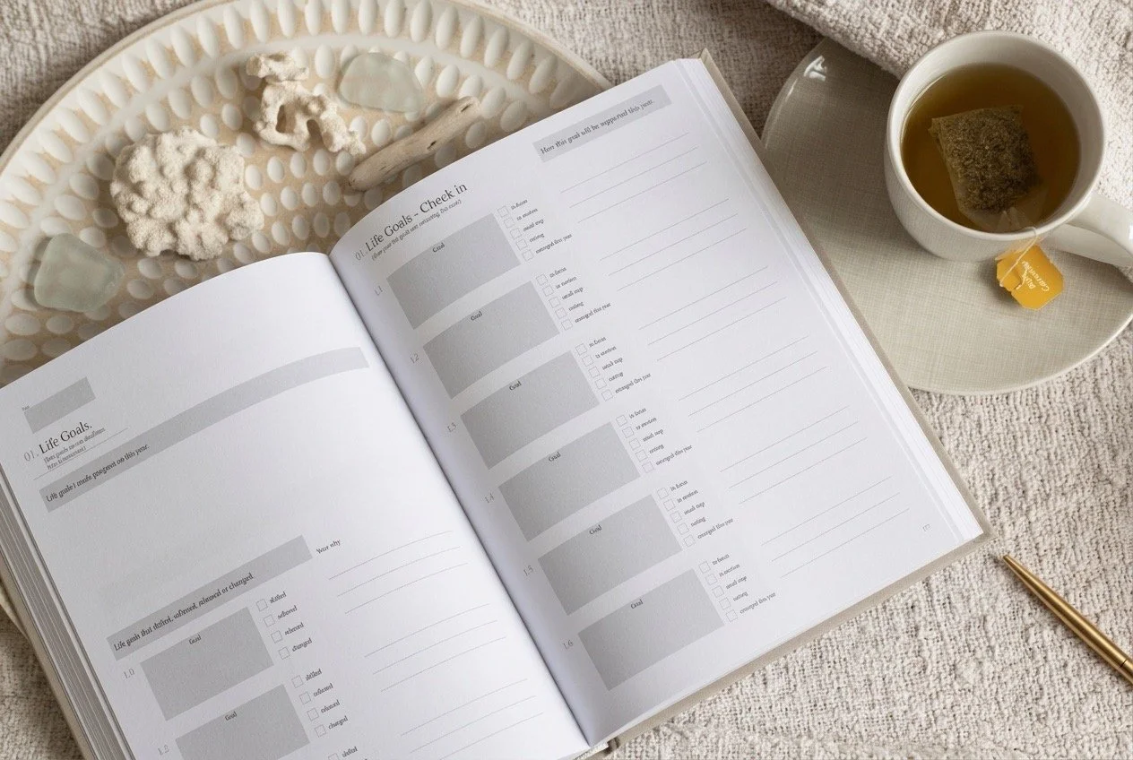Open A Life in Goals hardcover showing the Life Goals Check-in pages for reviewing progress, changing priorities and revisiting goals.