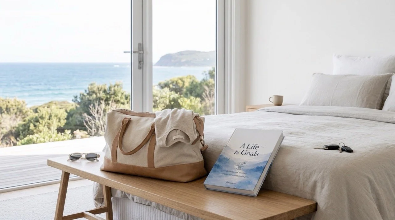 A Life in Goals beside a packed weekend bag in a coastal setting, representing new goals and possibilities in your 50s.