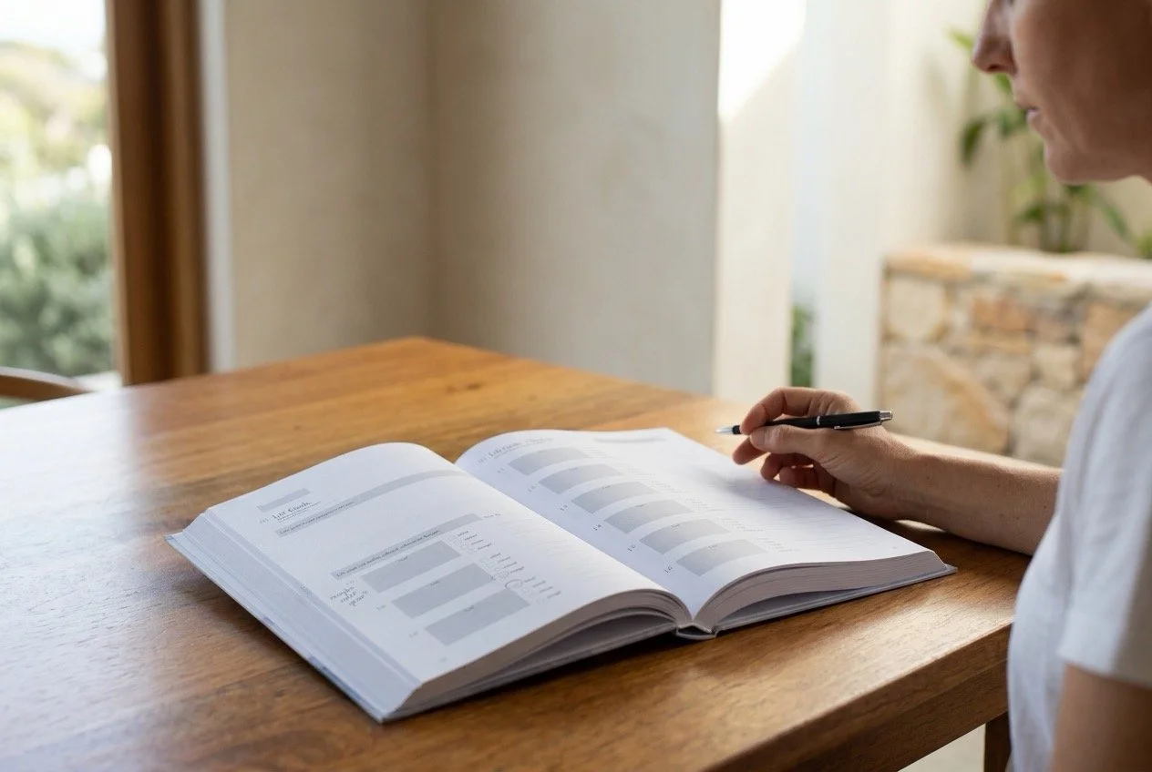 Woman reflecting on what matters most now using the A Life in Goals guided goal journal at a timber table.