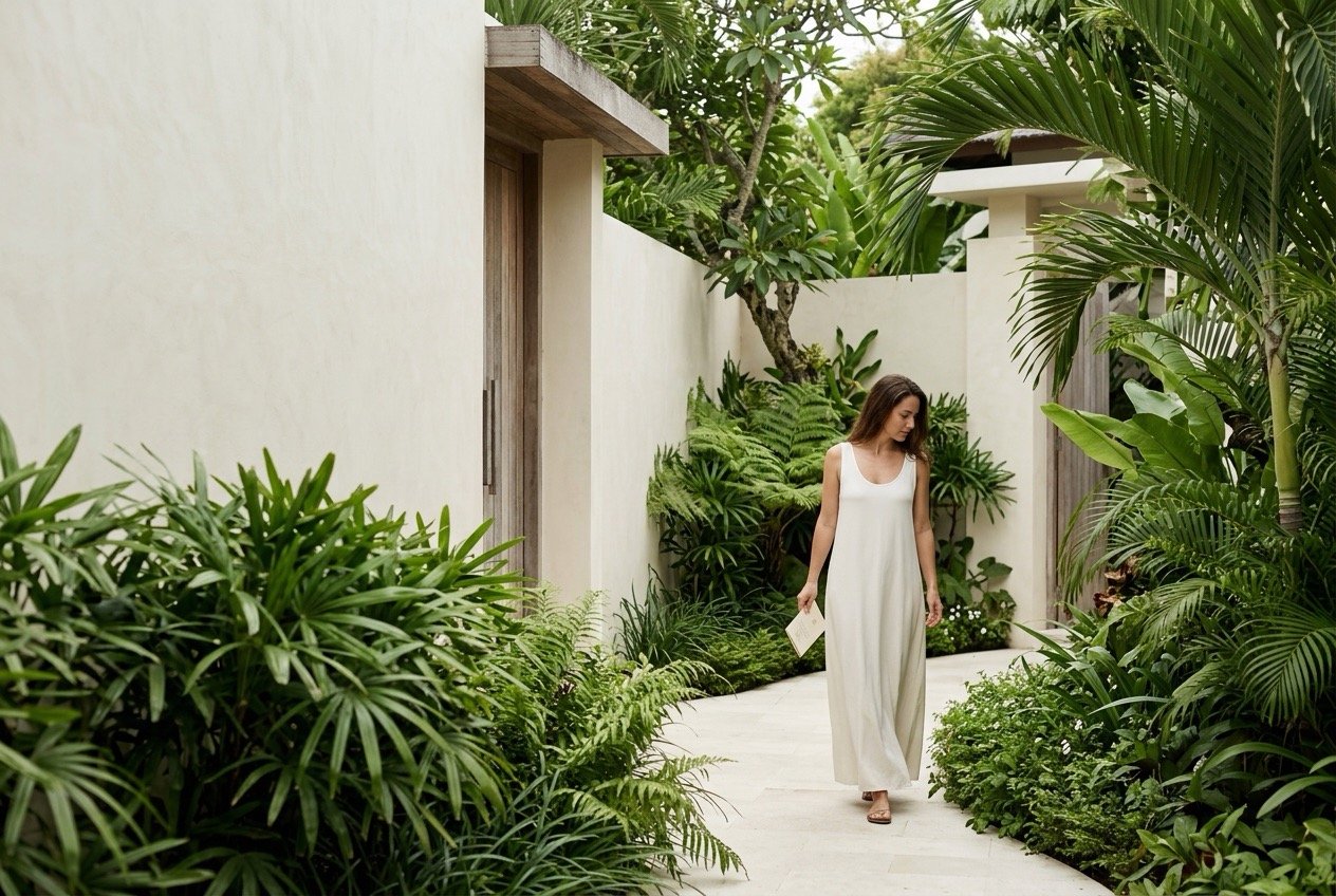 Woman walking through a tropical garden holding a gift envelope, representing an experience gift and something meaningful to look forward to.