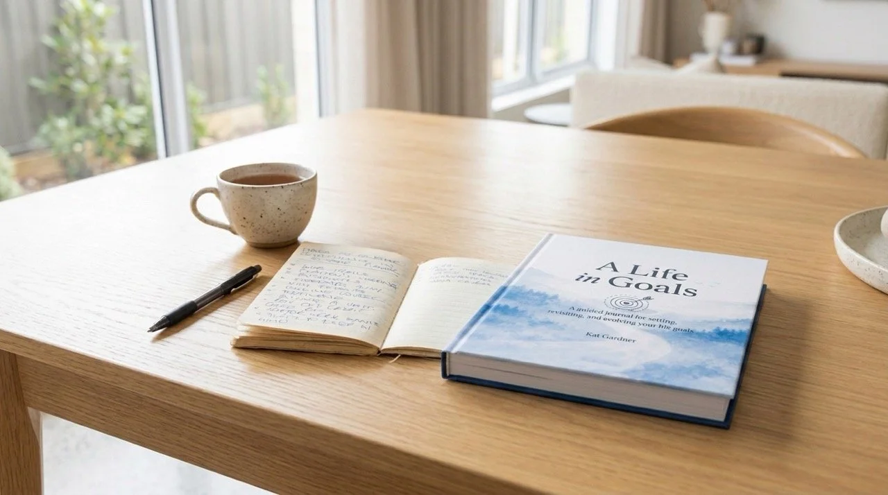 A Life in Goals guided journal beside an older handwritten goals notebook, reflecting on past goals and setting new goals in your 50s.