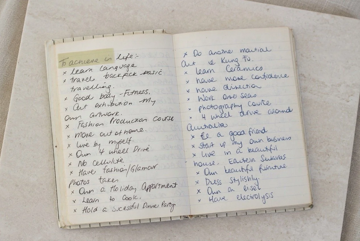 Original handwritten life goals from my twenties, including travel, confidence, working overseas, learning new skills, starting a business and creating a beautiful home.