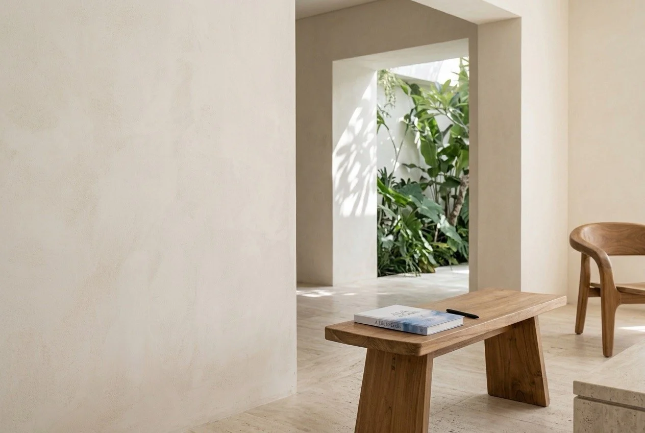 A Life in Goals journal and pen in a calm, uncluttered Modern Bali-style interior, representing making space for less pressure, less rushing and more intentional goals.