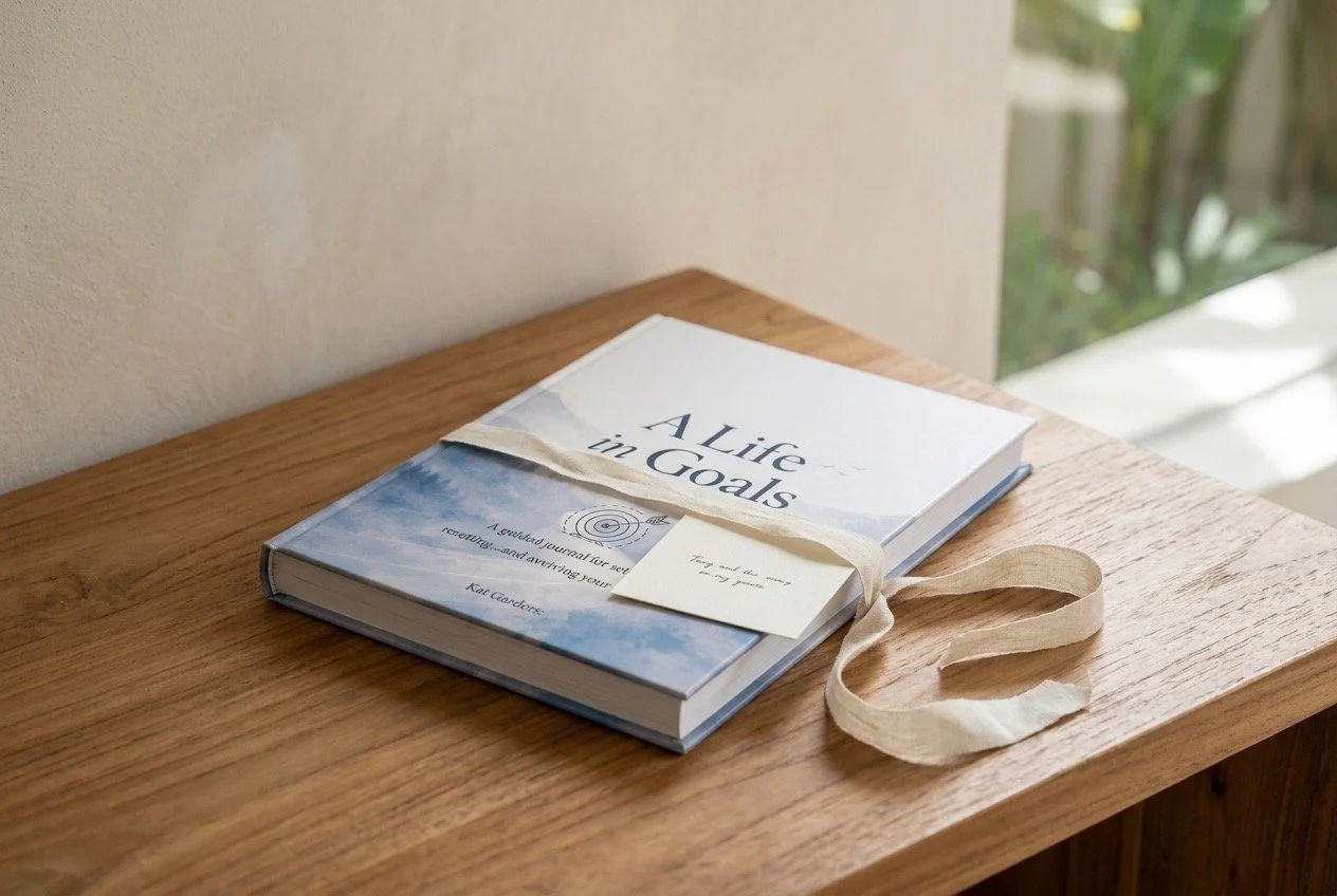 A Life in Goals hardcover journal wrapped with a natural ribbon and handwritten note, presented as a thoughtful gift for her.