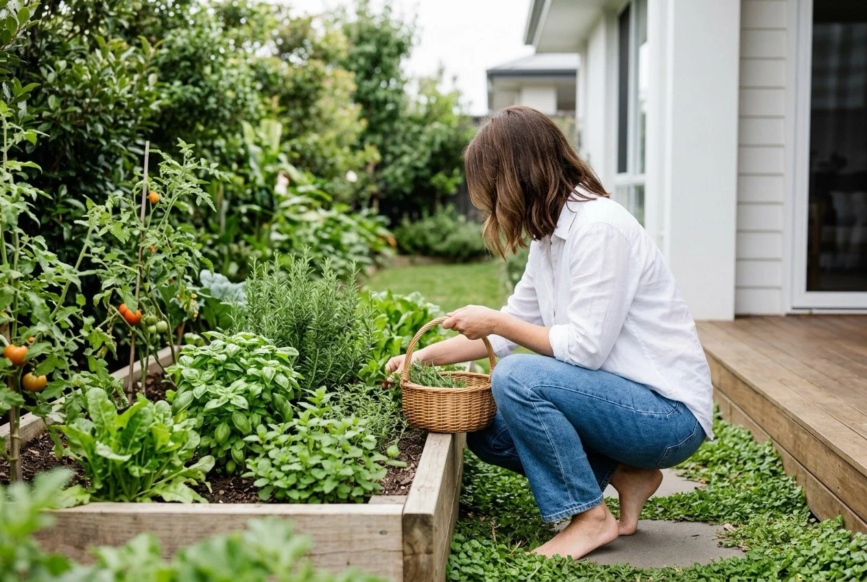 Woman tending a home vegetable garden, representing the value of ordinary everyday life goals.