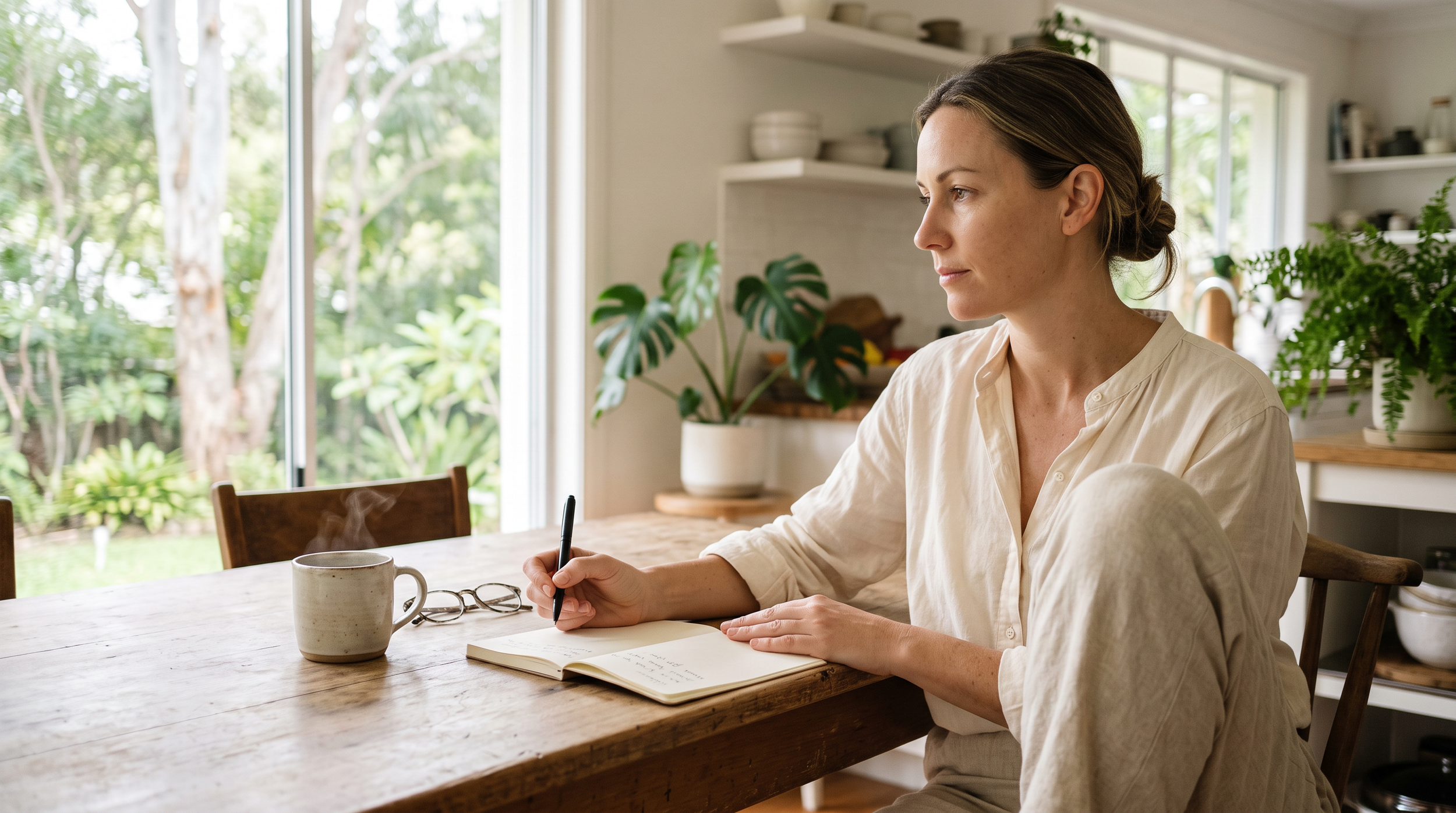 Woman pausing to think while writing in a notebook, illustrating how writing down your goals can help clarify what you really want.