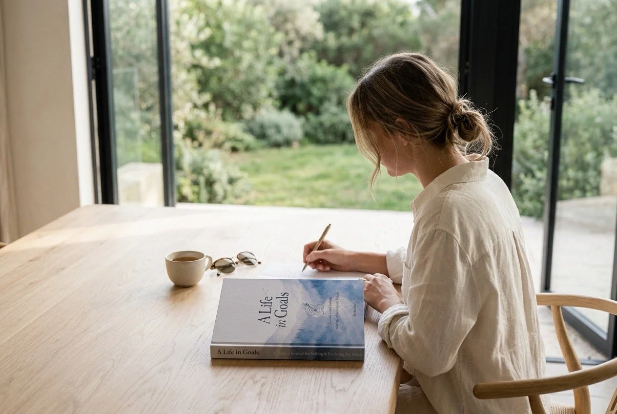 Woman writing beside the A Life in Goals hardcover journal at home, reflecting on the things she would still love to do in her life.
