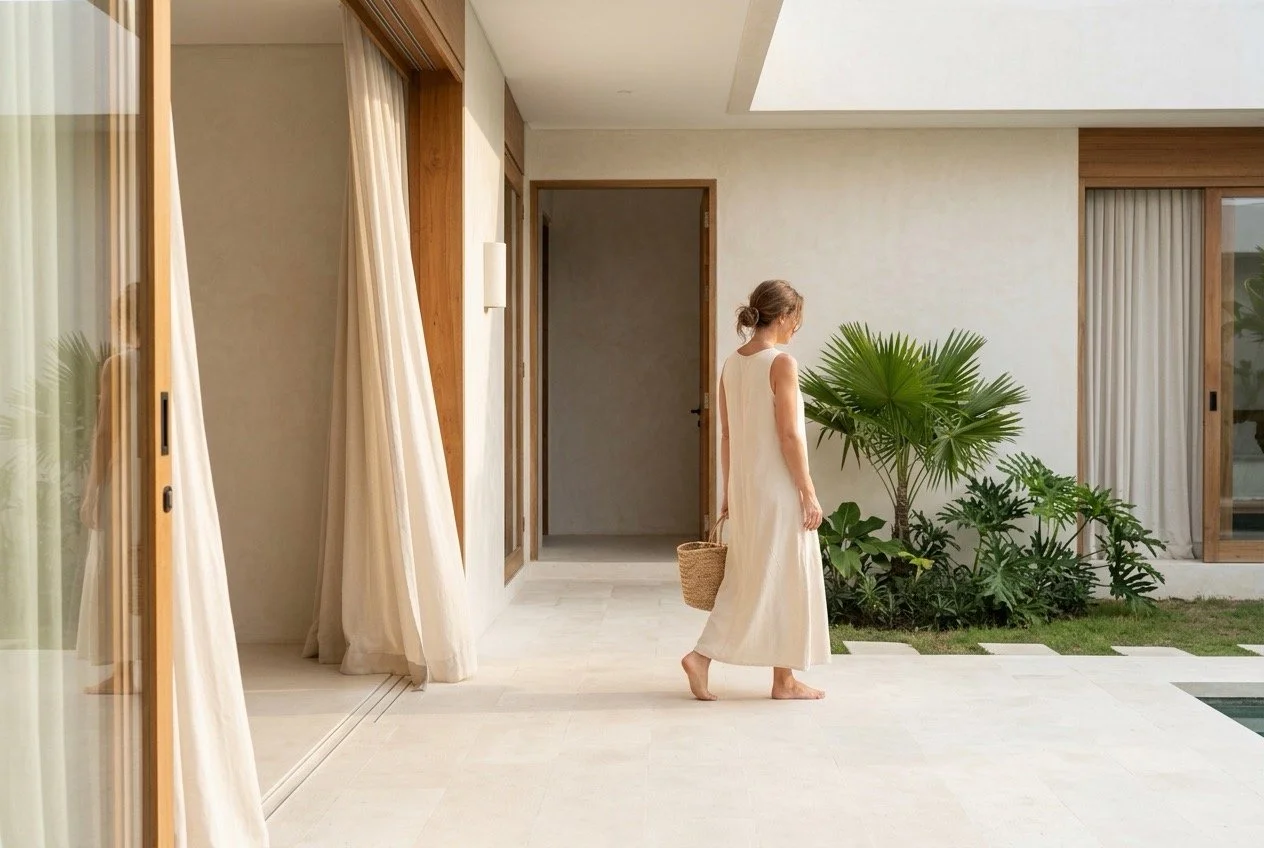 Woman walking barefoot through a calm Modern Bali-style home, representing a slower, simpler life with more space and fewer demands.