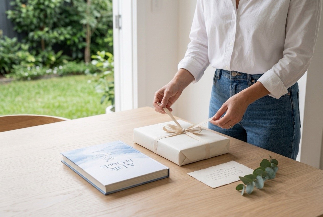 A Life in Goals hardcover beside a book-sized gift being wrapped with natural ribbon and a handwritten card.