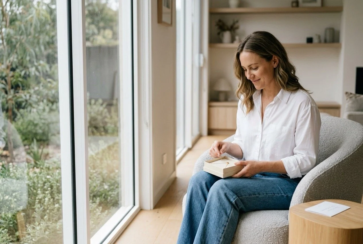 Woman opening a personal jewellery gift chosen especially for her during a new chapter in life.