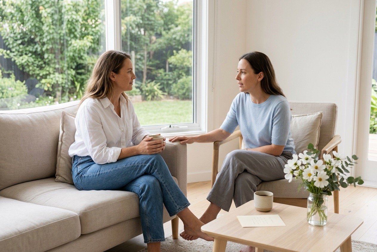 Two friends sharing a quiet coffee, representing a thoughtful and supportive gift during a difficult life change.