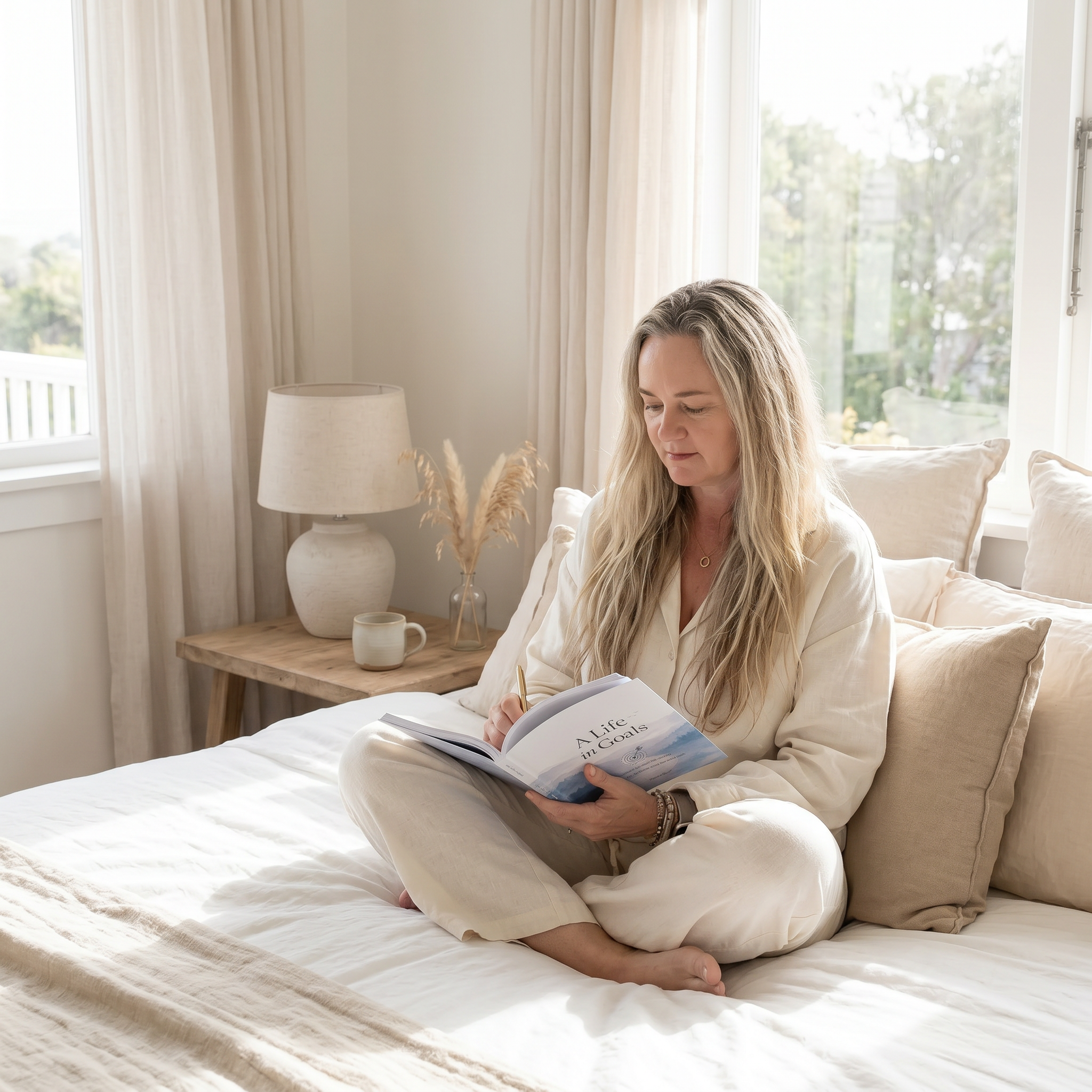 Woman writing in the A Life in Goals guided journal in a soft neutral bedroom