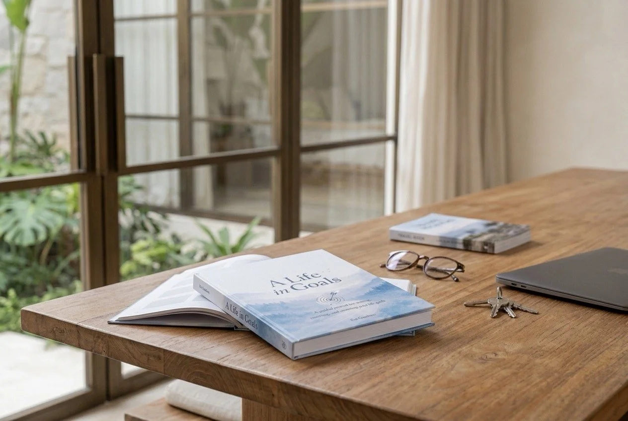 A Life in Goals journal beside a closed laptop, house keys, reading glasses and a travel book, reflecting on what you want next when many familiar life goals are already achieved.