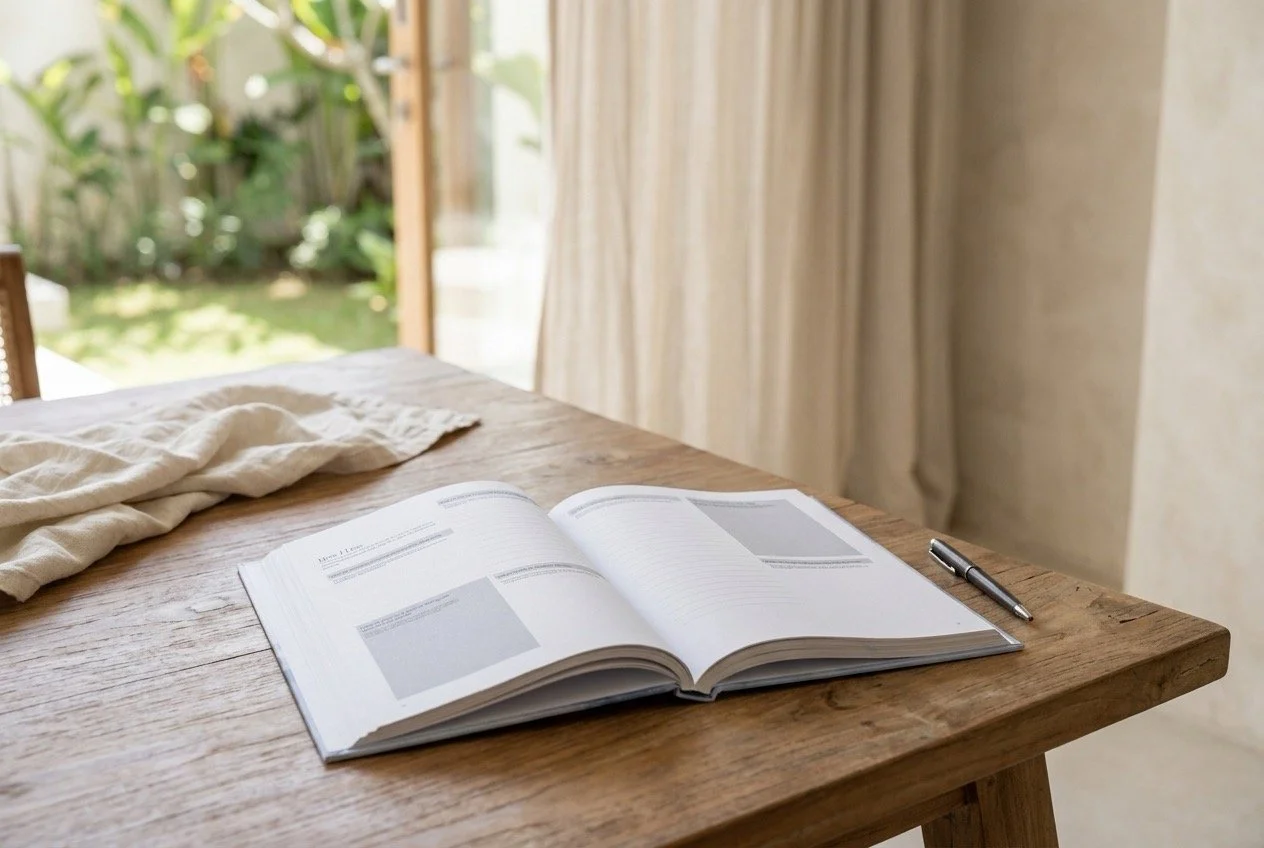Open A Life in Goals guided journal and pen on a timber table in a quiet home, representing making room for a smaller, more intentional life.