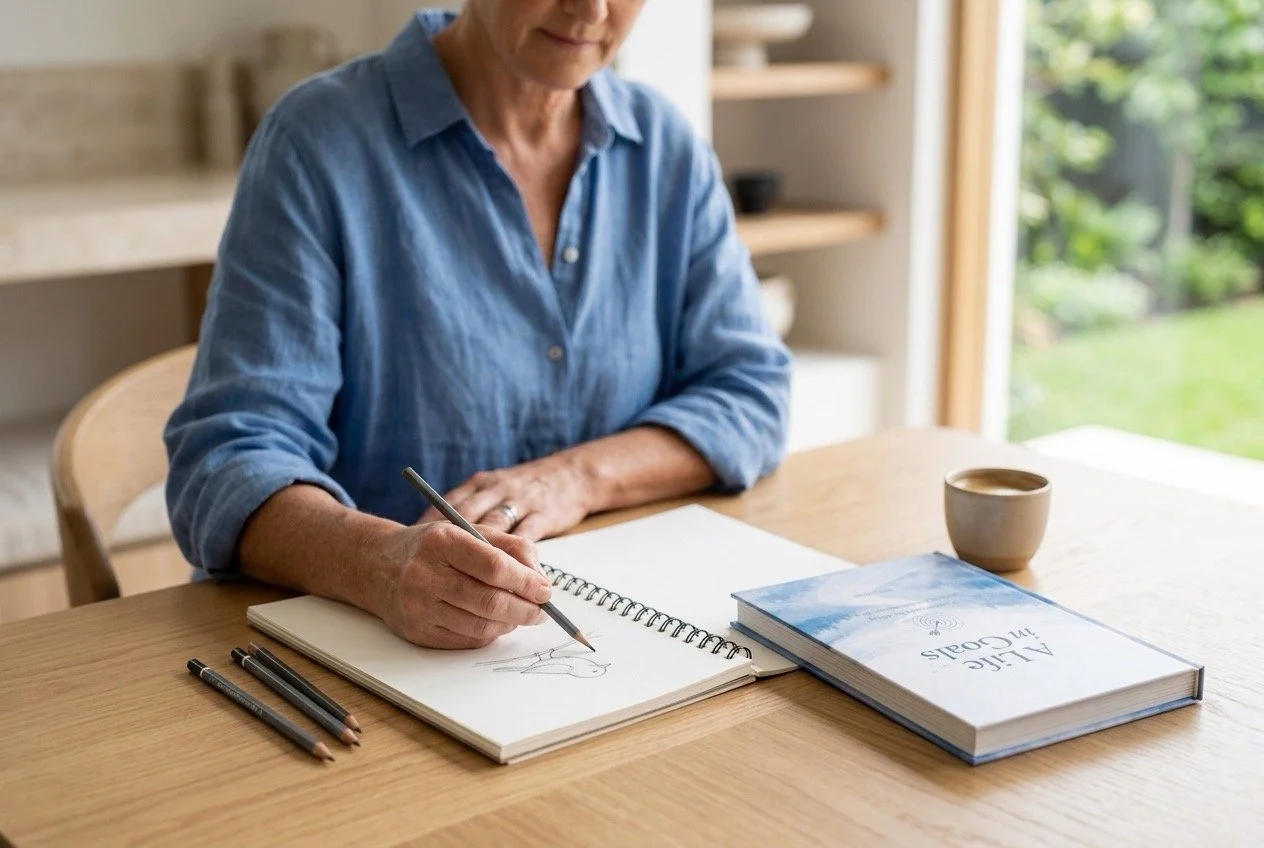 Woman in her 50s learning to sketch with A Life in Goals beside her on the table.