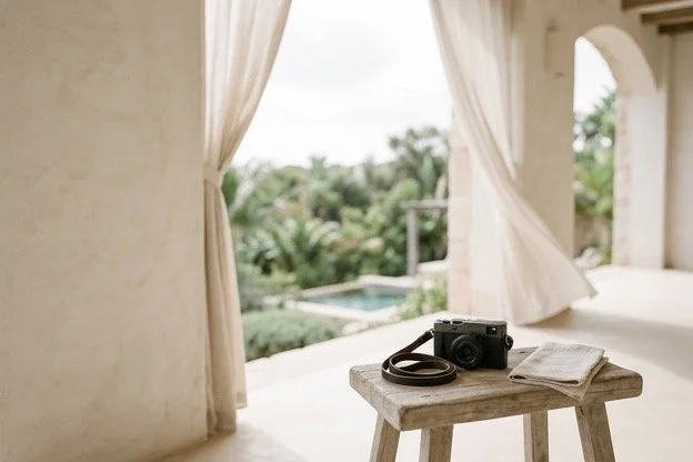Camera resting on a small timber table in a calm coastal setting, representing a thoughtful gift connected to her own interests and creativity.