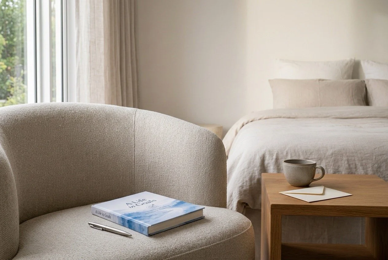 A Life in Goals guided journal and pen beside a cup and handwritten note in a calm bedroom, presented as a thoughtful gift she can return to over time.