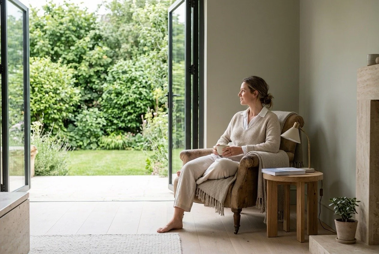 Woman enjoying a quiet moment at home beside an open garden, representing the choice to make more space for what matters in life.