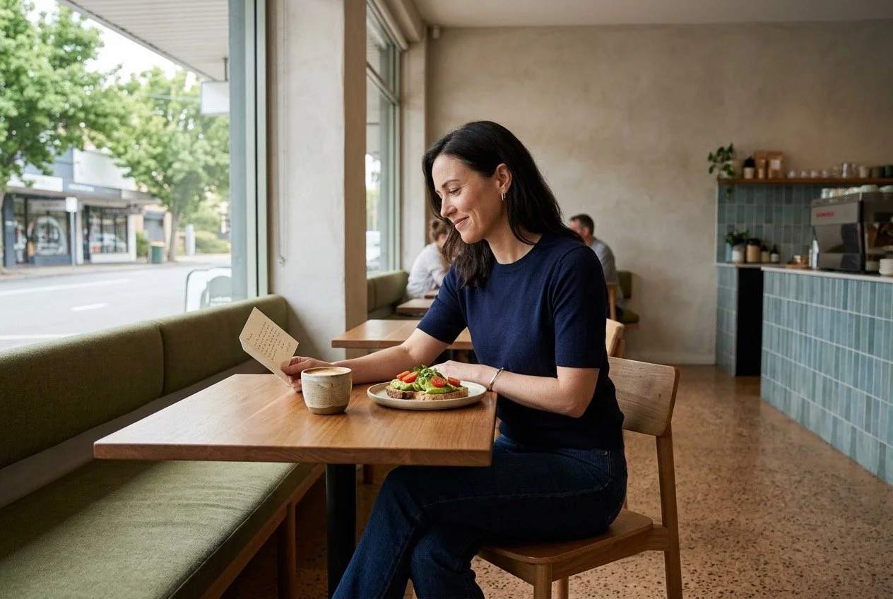 Woman enjoying a thoughtfully arranged breakfast and handwritten note at a neighbourhood café.
