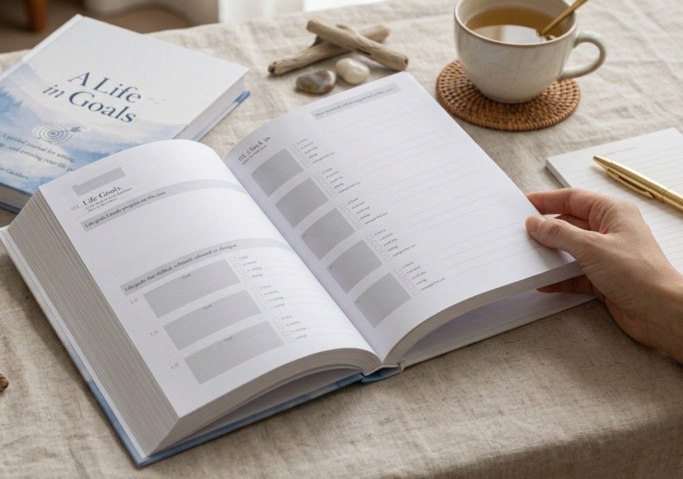 A Life in Goals journal open to personal goal pages, with a hand turning the page while reviewing and reflecting on goals.