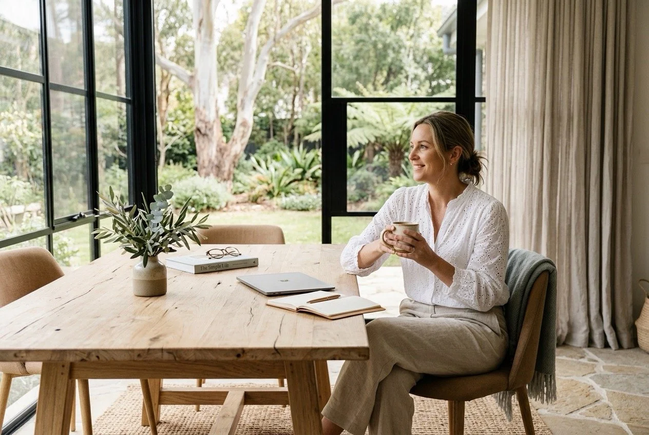 Woman enjoying a quiet moment at home with a closed laptop and notebook, representing financial security, freedom and having more choice over your time.