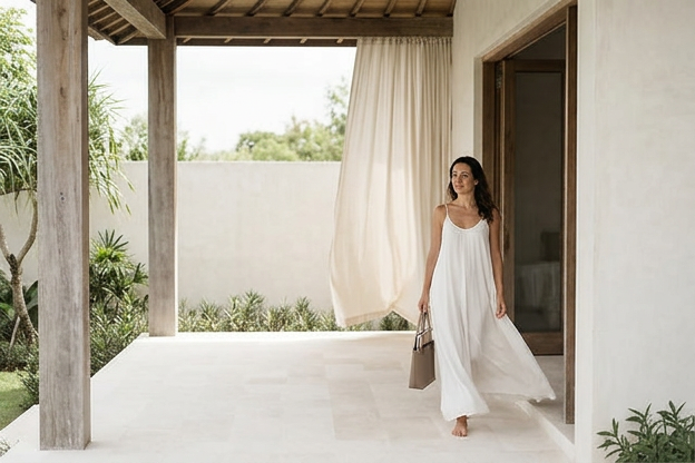 Woman walking through a calm coastal home with her handbag, representing the gift of time and space to do something for herself.