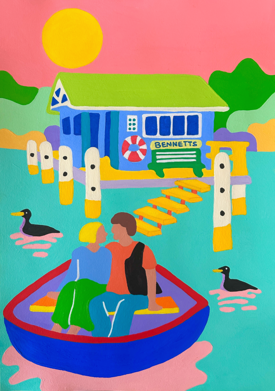 Pulling Up at Pittwater, an original acrylic painting by Sarah Jane Ryan depicting two people arriving by boat at Bennetts Wharf on Pittwater, using bold colour and contemporary forms.