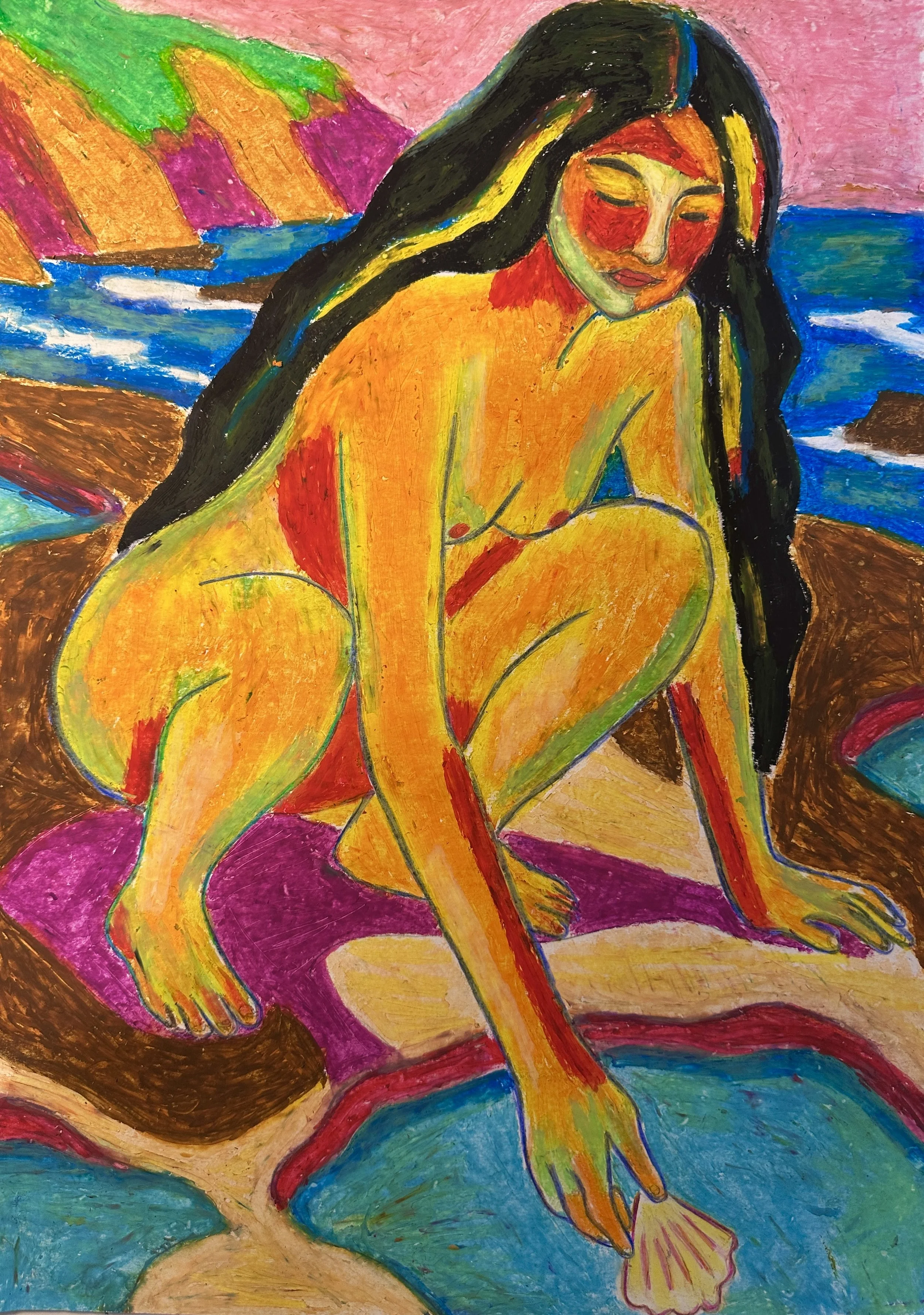 Gathering shells, Pastel and pencil on 90gsm paper A3 SOLD