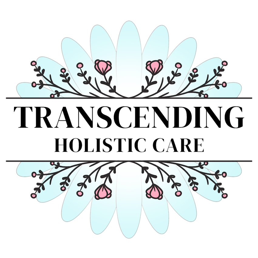 Logo with a floral design and the words "Transcending Holistic Care" in black and pink text.