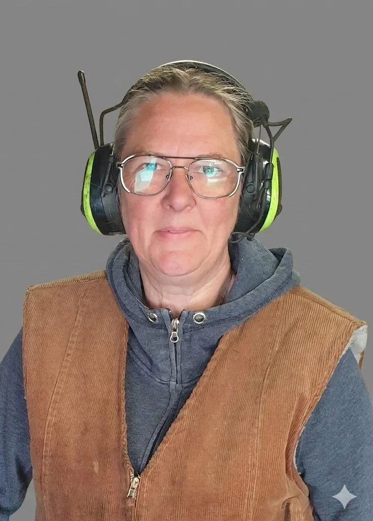 En person med glasögon, skidglasögon och hörlurar, klädd i en blå hoodie och en brunt väst, står framför en neutral grå bakgrund.